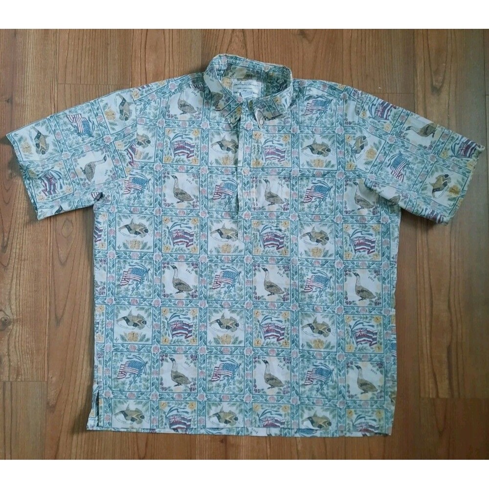 Vtg Reyn Spooner Dietrich Reverse Print Hawaiian Shirt 2007 Flag Nene Fish XL